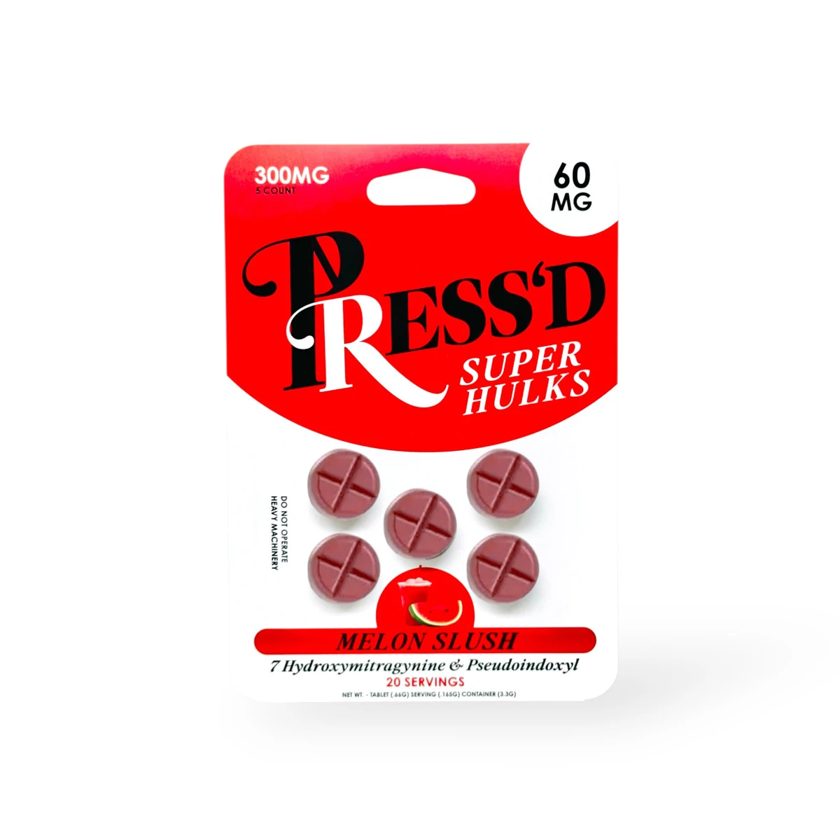 Press’d Melon Slush 60mg Super Hulks 7-Hydroxymitragynine Kratom Tablets 5ct